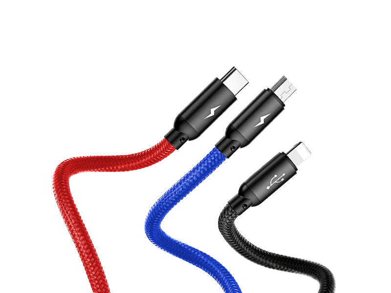 Baseus Three Primary 3 az 1-ben Lightning/Micro-USB/Type-C töltőkábel 1,2 méter 3.5A -fekete